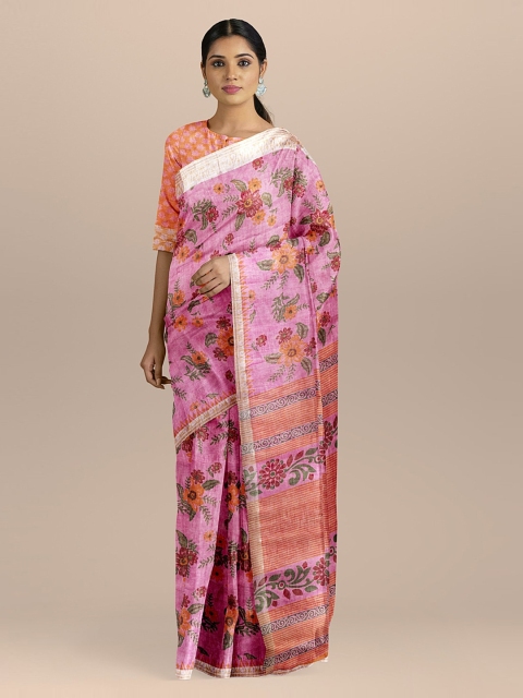BharatSthali Pink & Orange Pure Cotton Printed Sustainable Saree