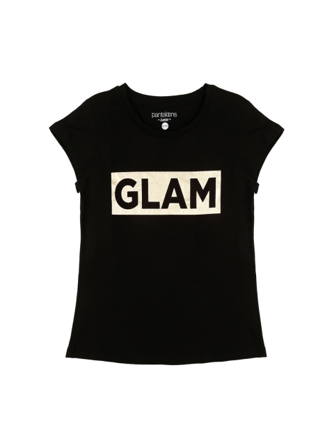 Pantaloons Junior Girls Black Printed Round Neck Pure Cotton T-shirt