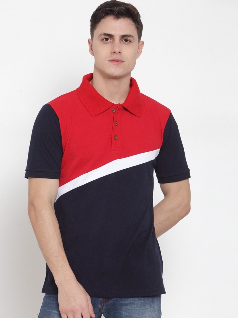 Kalt Men Navy Blue & Red Colourblocked Polo Collar T-shirt