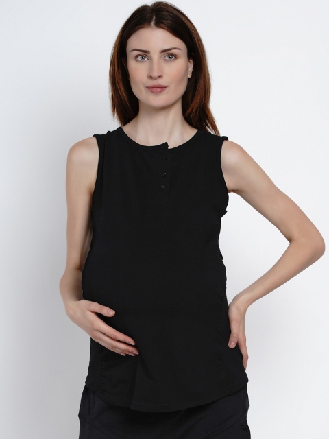 Mine4Nine Women Black Solid Henley Neck Maternity T-shirt