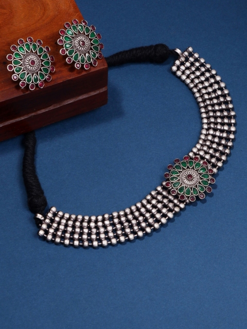 Infuzze Oxidised Silver-Plated Green & Red Stone-Studded Jewellery Set