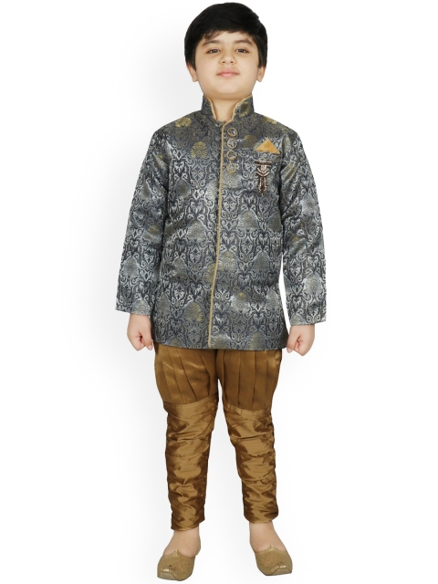 SG YUVRAJ Boys Navy Blue & Brown Raw Silk Sherwani Set