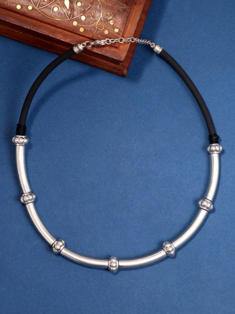 Infuzze Women Silver-Plated & Black Choker Necklace