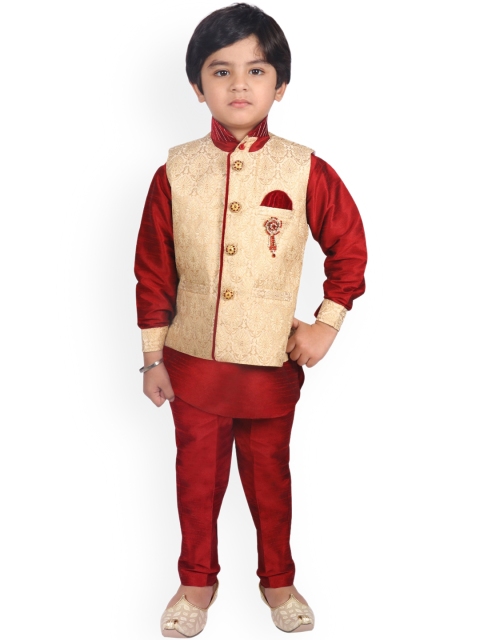 SG YUVRAJ Boys Maroon & Gold-Toned Solid Raw Silk Kurta with Trousers