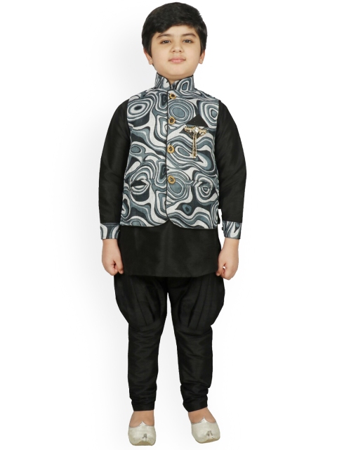 SG YUVRAJ Boys Black & Grey Solid Raw Silk Kurta with Churidar & Waistcoat