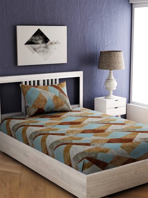 EverHOME Blue & Brown Geometric 144 TC Cotton 1 Single Bedsheet with 1 Pillow Cover