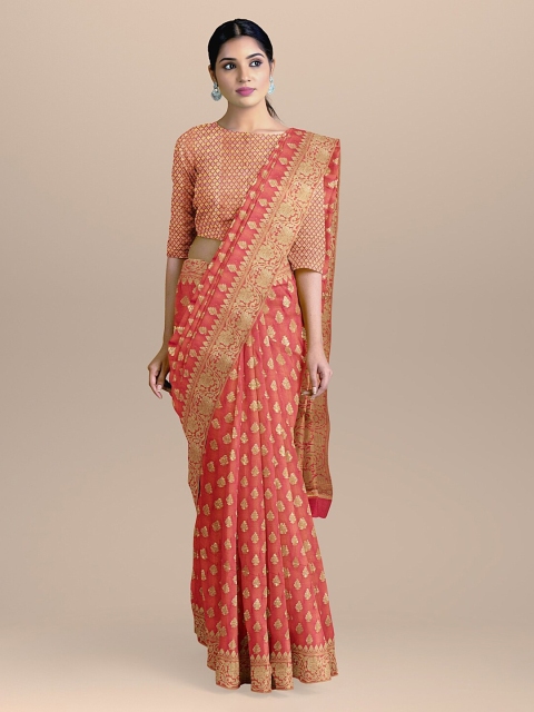 BharatSthali Peach-Coloured & Gold-Coloured Silk Cotton Woven Design Banarasi Saree