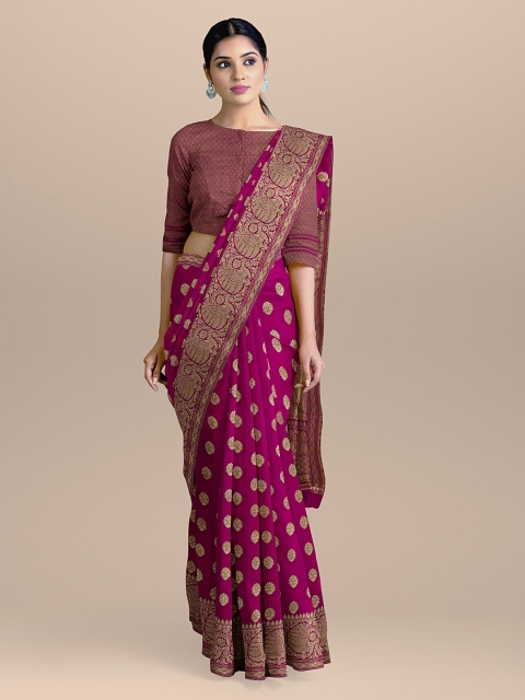 BharatSthali Magenta & Gold-Coloured Silk Cotton Woven Design Handloom Banarasi Saree
BharatSthali Magenta & Gold-Coloured Silk Cotton Woven Design Handloom Banarasi Saree