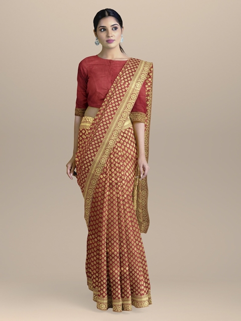 BharatSthali Red & Gold-Toned Silk Cotton Woven Design Banarasi Saree