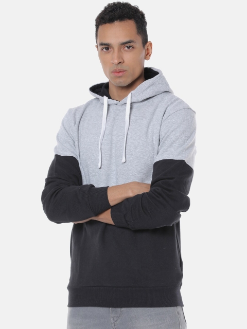 Campus Sutra Men Black & Blue Colourblocked Hooded Sweatshirt