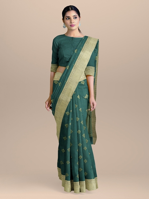 BharatSthali Green & Gold-Coloured Silk Cotton Woven Design Saree