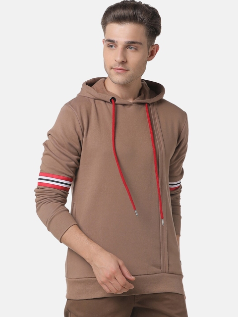 Campus Sutra Men Brown Solid Hooded Sweatshirt