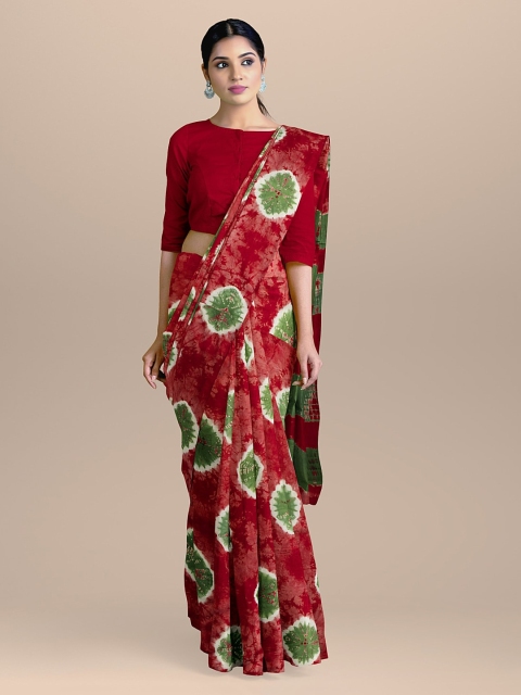BharatSthali Red Handloom Dyed Pure Cotton Bandhej work Saree