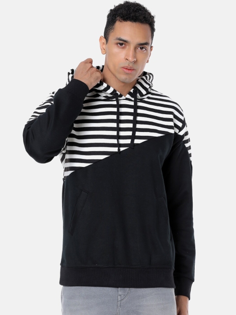 Campus Sutra Men White & Black Striped Hooded Sweatshirt