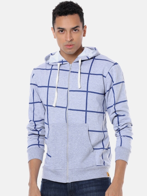 Campus Sutra Men Grey & Navy Blue Checked Hooded Sweatshirt