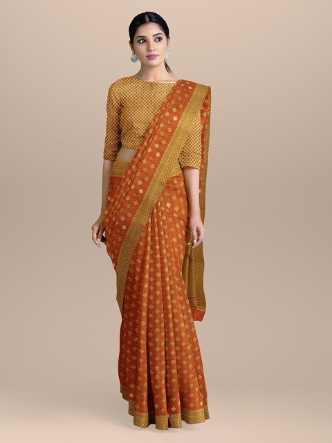 BharatSthali Orange & Gold-Coloured Silk Cotton Woven Design Handloom Banarasi Saree