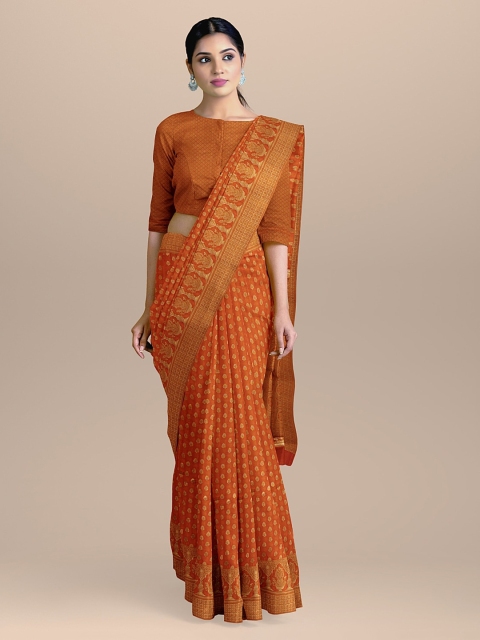 BharatSthali Orange & Gold-Coloured Silk Cotton Woven Design Handloom Banarasi Saree
