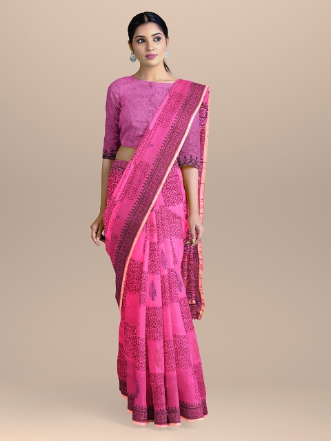 BharatSthali Pink Silk Cotton Printed Chanderi Saree