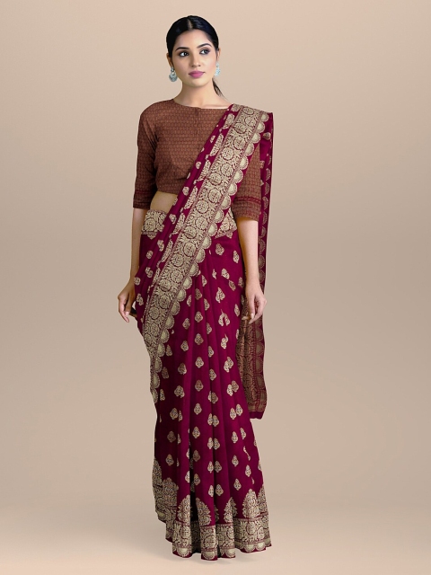 BharatSthali Burgundy & Beige Silk Cotton Woven Design Banarasi Saree