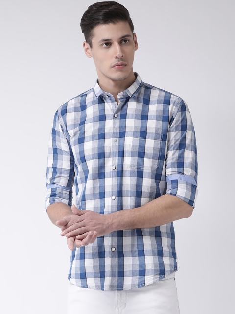 COBB Men Blue & Off-White Slim Fit Checked Casual Shirt