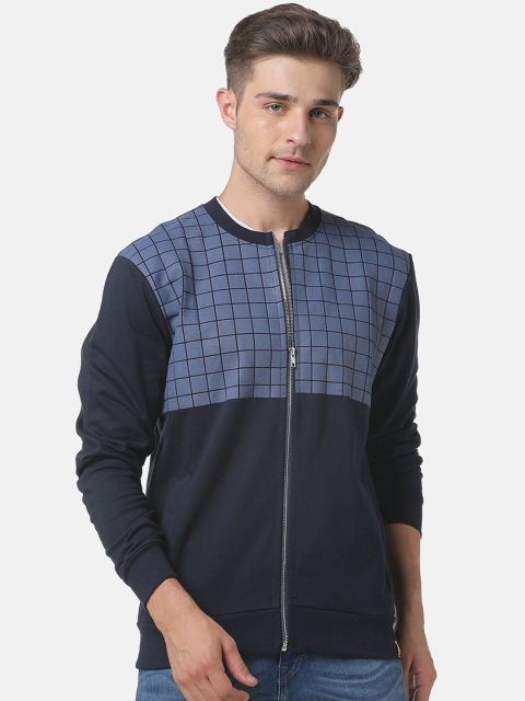 Campus Sutra Men Navy Blue Checked Bomber Jacket