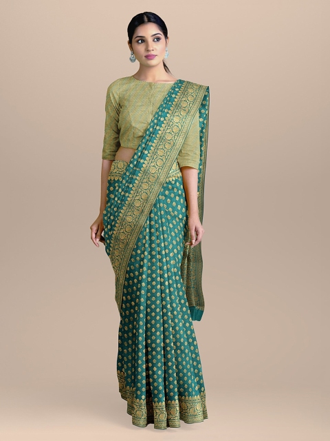 BharatSthali Teal Green & Gold-Coloured Silk Cotton Woven Design Handloom Banarasi Saree
BharatSthali Teal Green & Gold-Coloured Silk Cotton Woven Design Handloom Banarasi Saree