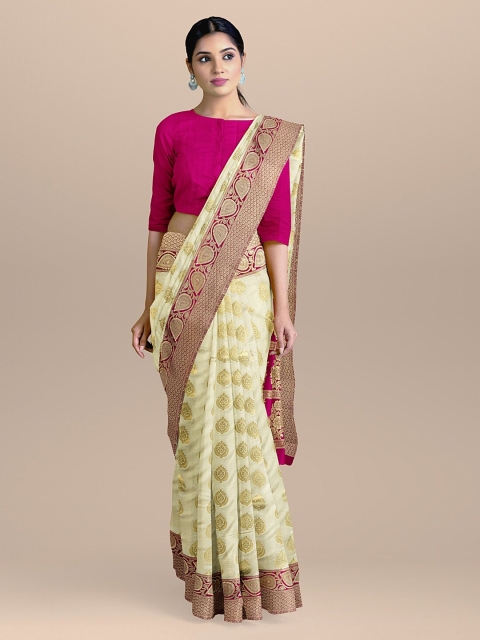 BharatSthali Cream-Coloured & Pink Silk Cotton Woven Design Handloom Banarasi Saree