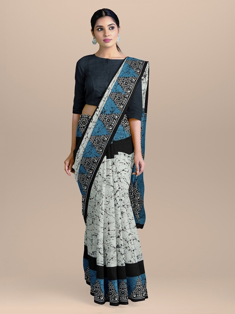 BharatSthali White & Blue Pure Cotton Printed Saree