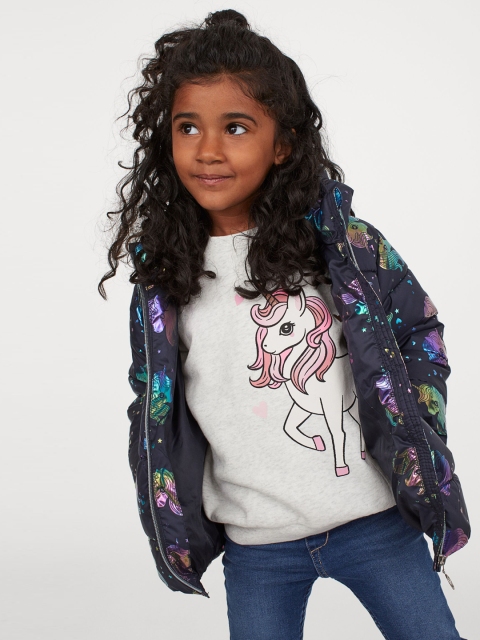 H&M Girls Navy Blue Printed Puffer Jacket