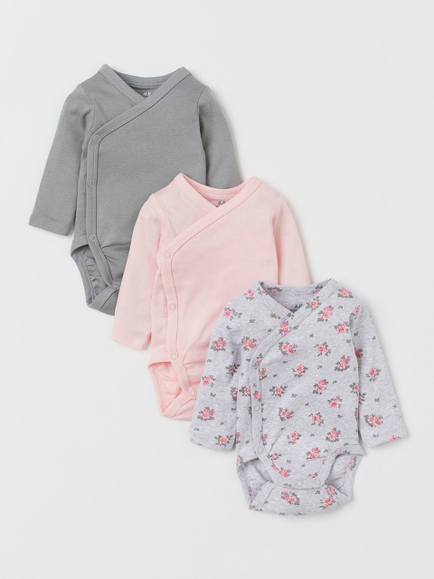 H&M Infant Kids 3-Pack Long-Sleeved Bodysuits, Grey