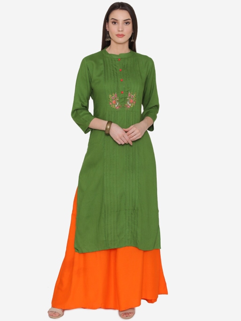 Kifahari Women Green & Orange Embroidered Kurta with Skirt