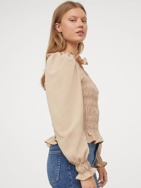 H&M Women Beige Solid Puff-Sleeved Smocked Blouse