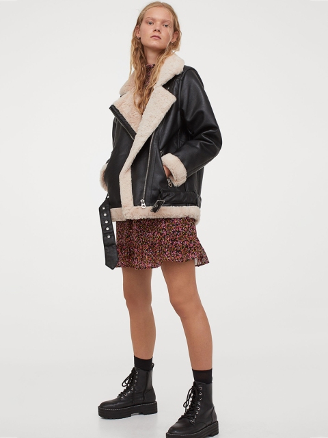 H&M Women Black Faux Shearling-Detail Jacket