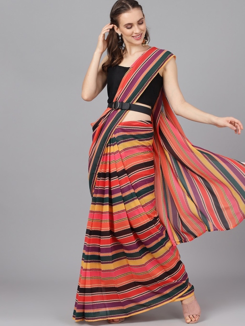 AKS Multicoloured Striped Poly Georgette Saree, Multi