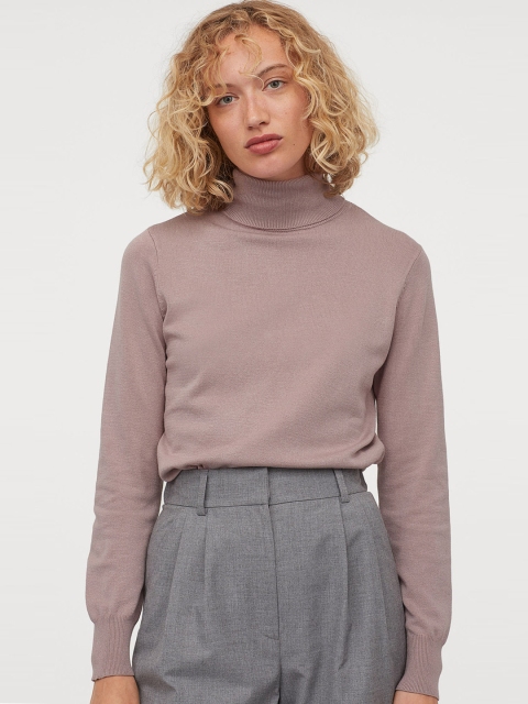 H&M Women Nude Solid Fine Knit Polo Neck Jumper