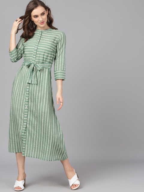 AKS Women Green & Beige Striped A-Line Dress