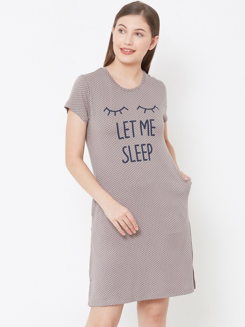 Sweet Dreams Women Beige & Navy Blue Printed Sleep Shirt