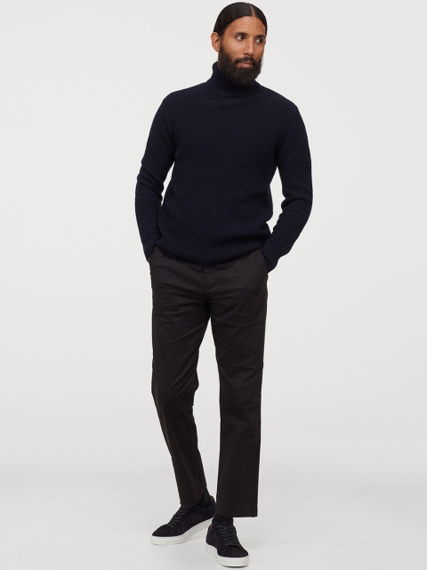 H&M Men Navy Blue Lambswool Polo-neck Jumper