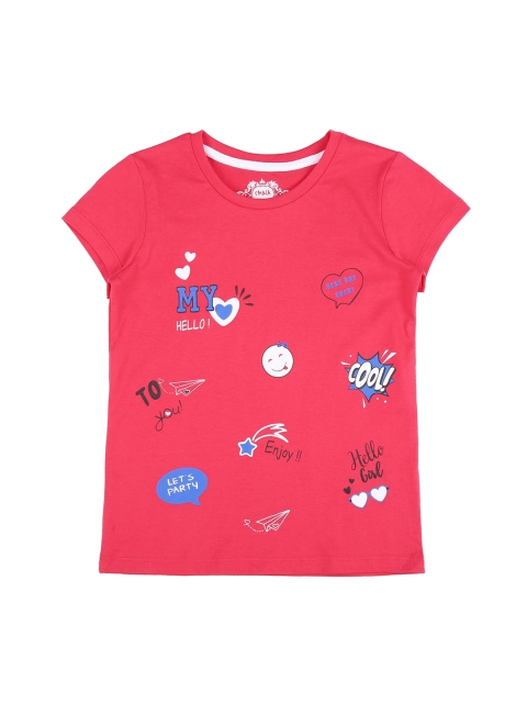 CHALK by Pantaloons Girls Coral Pink Printed Round Neck Pure Cotton T-shirt