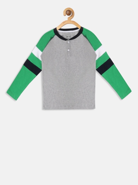 Lazy Shark Boys Grey & Green Colourblocked Henley Neck T-shirt
