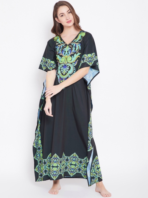 The Kaftan Company Black & Blue Ethnic Motif Print Nightdress