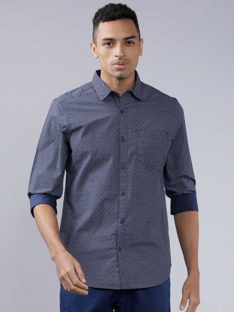 HIGHLANDER Men Navy Blue & White Slim Fit Printed Casual Shirt