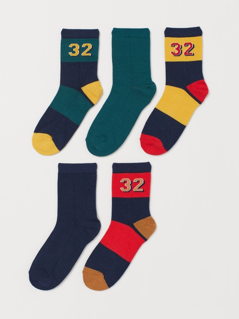 H&M Boys Calf Length 5 Pack Socks, Green
