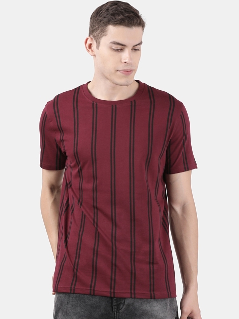 DERBY JEANS COMMUNITY Men Maroon & Black Slim Fit Striped Round Neck T-shirt