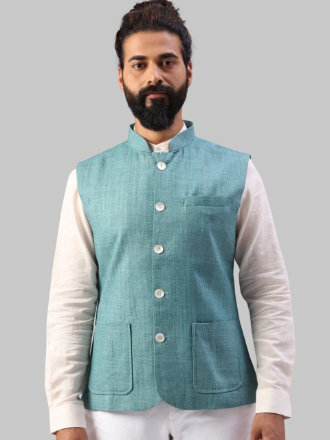 Ethnix by Raymond Men Green Solid Woven Nehru Jacket