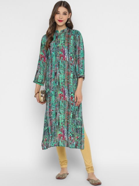 CHRISTEENA Women Green & Pink Printed Straight Kurta
