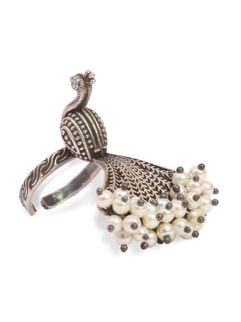 Infuzze Oxidised Silver-Plated Off-White Pearls-Studded Finger Ring