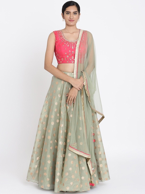 Koskii Pastel Green & Pink Embellished Ready to Wear Lehenga & Blouse with Dupatta