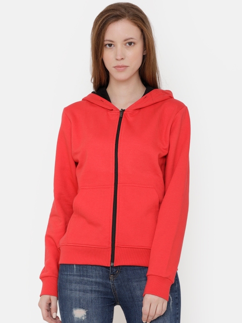 ELEGANCE Women Red Solid Hooded Sweatshirt