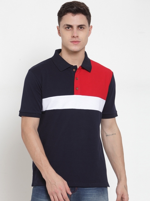 Kalt Men Navy Blue Colourblocked Polo Collar T-shirt